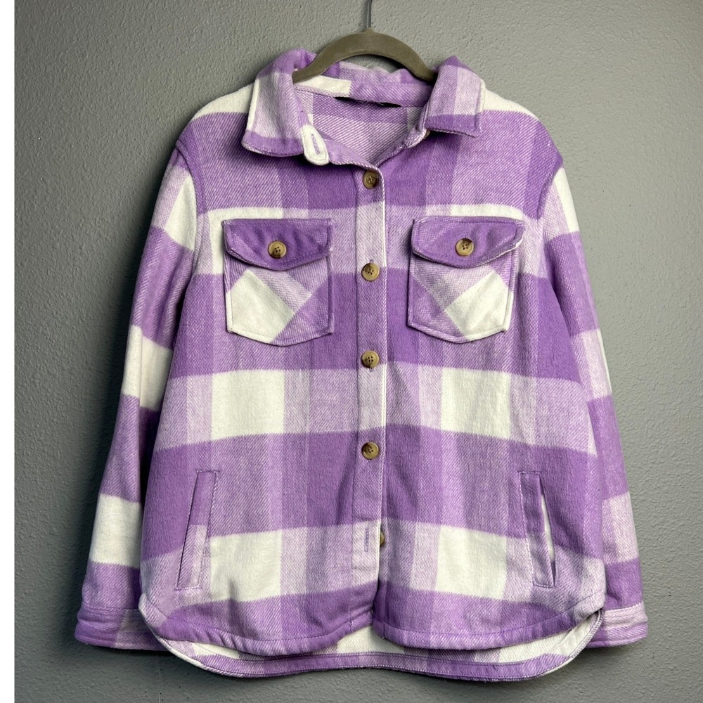 Members Mark Kids Purple Plaid Gorp Shacket Button Front Fleece Jacket XL 14/16